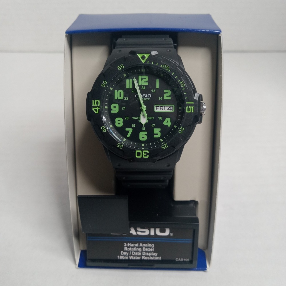 Casio MRW-200H-3BV Quartz Dive Watch 10ATM Resin‎ Band Black Lime Green New